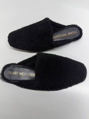 Stuart Weitzman Shearling Mules Slippers Slip On Shoes Sherpa Black Size 8.5
